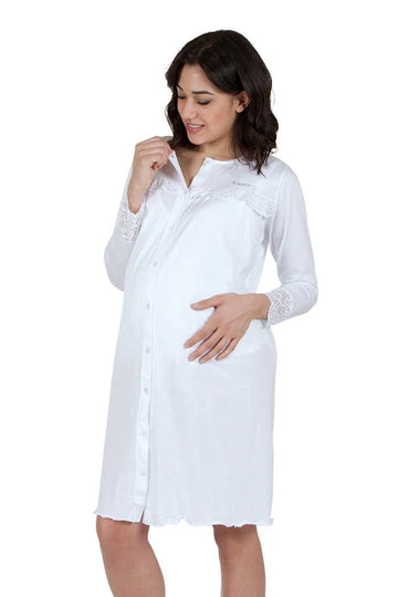 Camicia da notte clinica aperta davanti manica lunga bianca con pizzo Premamy