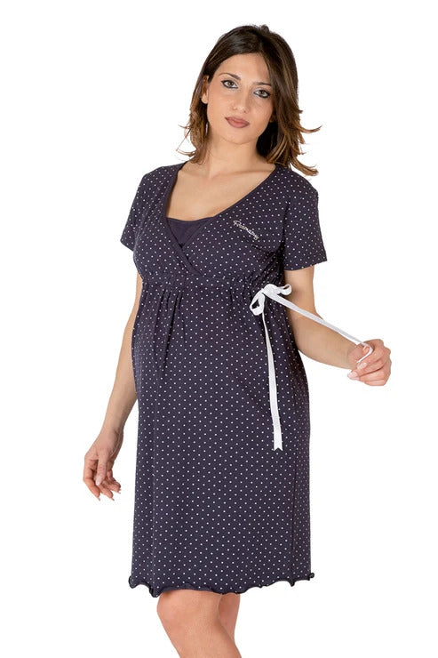 Camicia da notte per gravidanza e allattamento mezza manica pois blu