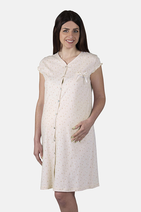 Camicia da notte clinica aperta davanti a mezza manica in cotone jersey con fantasia fiorellini