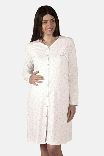 Camicia da notte clinica aperta davanti a manica lunga in cotone jersey con fantasia fiorellini