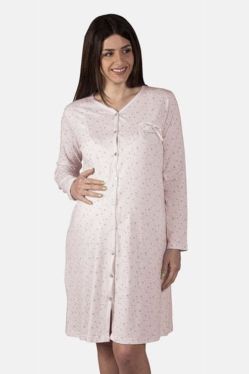 Camicia da notte clinica aperta davanti a manica lunga in cotone jersey con fantasia fiorellini