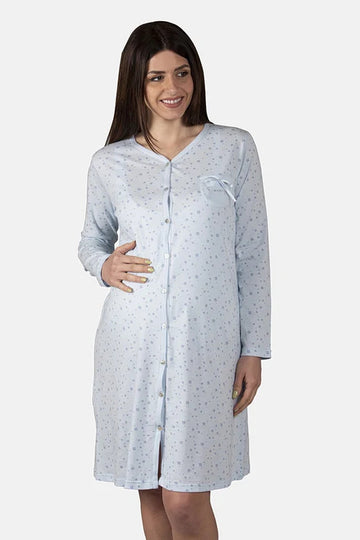 Camicia da notte clinica aperta davanti a manica lunga in cotone jersey con fantasia fiorellini