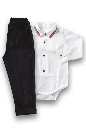 Completo 2 pezzi bimbo : body a camicia in flanella con profilo scozzese + pantalone in velluto millerighe Babyvip