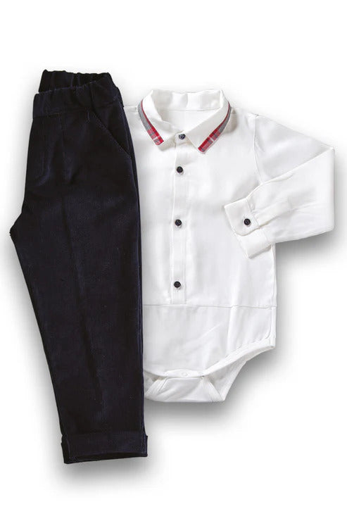 Completo 2 pezzi bimbo : body a camicia in flanella con profilo scozzese + pantalone in velluto millerighe Babyvip