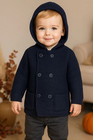 Cardigan blu in misto lana con cappuccio abbottonatura doppio petto e taschini
