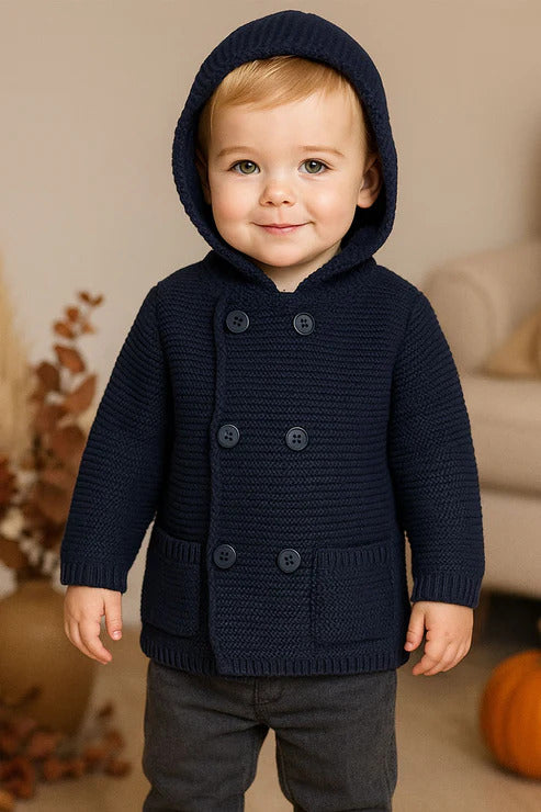 Cardigan blu in misto lana con cappuccio abbottonatura doppio petto e taschini